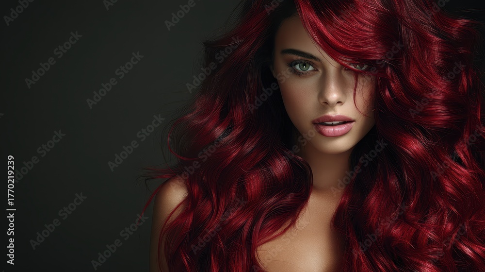 Fototapeta premium Captivating portrait of a woman with vibrant red hair studio setting fashion photography dramatic lighting