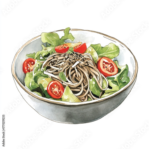 Delicious Soba Noodle Salad with Fresh Tomatoes and Greens in a Bowl.