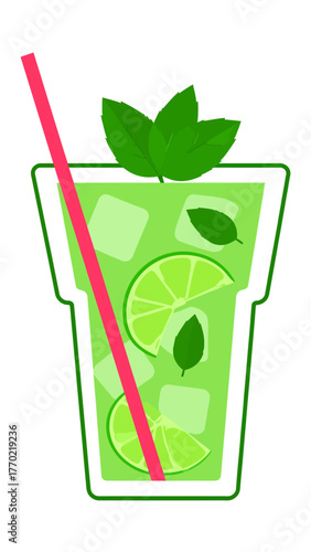Illustration of a refreshing mojito cocktail with lime and mint.