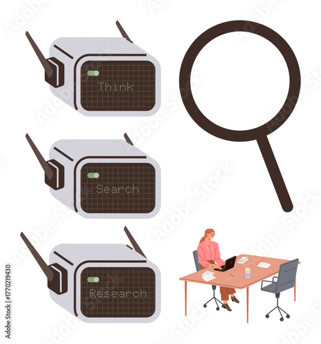 Magnifying glass, three devices labeled Think, Search, Research, and office scene with a person on a laptop. Ideal for problem-solving, analysis, innovation, brainstorming productivity technology