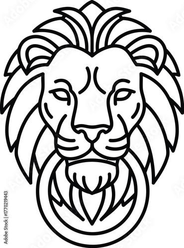 Lion head door knocker vector illustration. Lion door knocker antique decorative architectural ornament vector illustration line icon, silhouette 