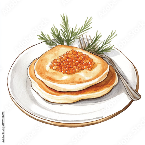 Delicious stack of pancakes topped with caviar and herbs on a plate.
