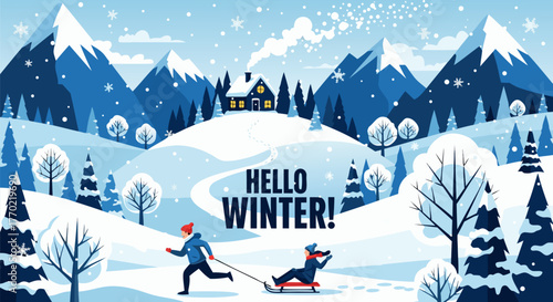Winter Wonderland A Cozy Scene of Snowy Mountains, Home, and Winter Activities with the Greeting