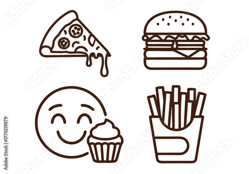 Food Icons Pizza, Burger, Fries, and Cupcake with Happy Face Illustration