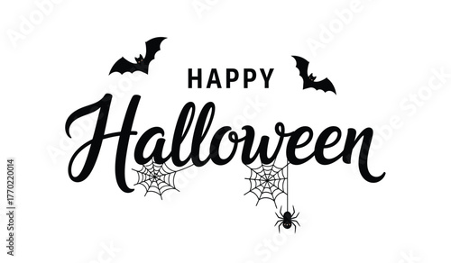 Happy halloween greeting with bats and spiderweb decorative elements for festive celebrations and spooky events isolated on white background