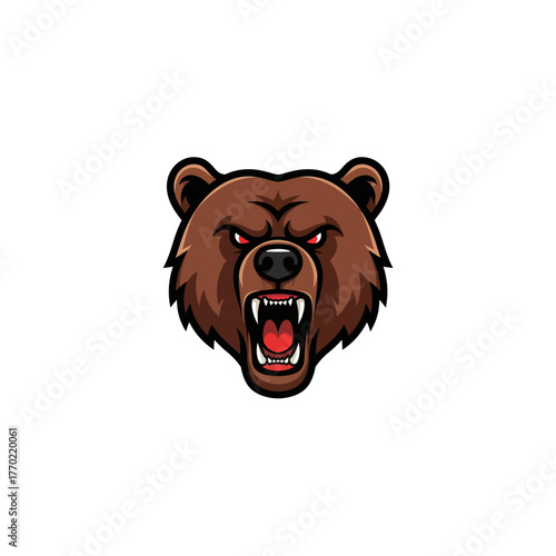 An aggressive brown bear head mascot with open mouth and sharp teeth, depicted in a fierce cartoon style.