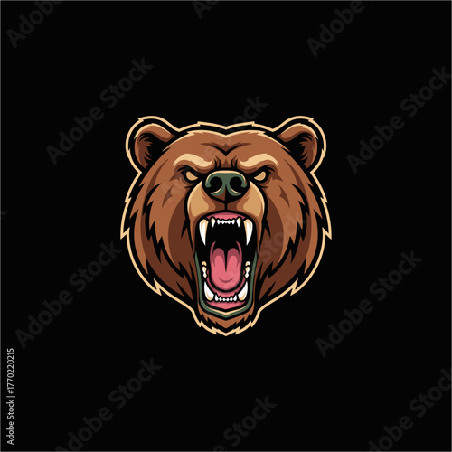 Fierce grizzly bear head with bared teeth and an aggressive expression, rendered in a stylized, illustrative art style on a dark background.