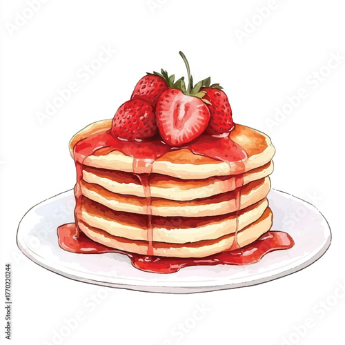 Delicious stack of pancakes with fresh strawberries and syrup 1.
