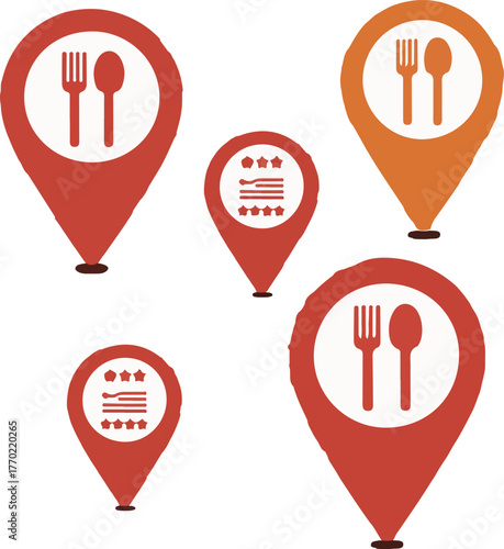 Vector map pin icons featuring restaurant cutlery symbols for food location and dining establishment markers