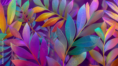 A vibrant close-up of colorful leaves with a gradient of purple, pink, blue, and orange hues.