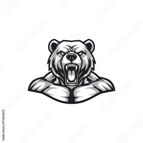 Fierce grizzly bear head with bared teeth and powerful shoulders, depicted in a monochromatic, stylized illustration.