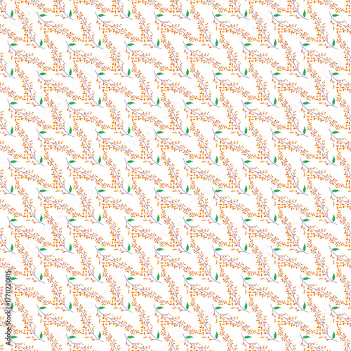 Vibrant Orange Branch Pattern With Green Leaves On Light Background for Textile and Design