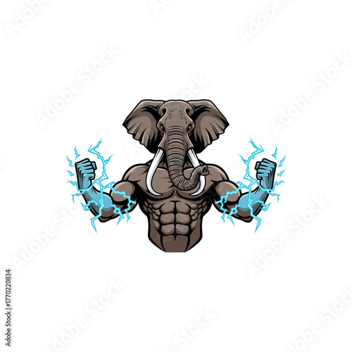 A muscular elephant character flexing its arms, displaying lightning bolts emanating from its fists.