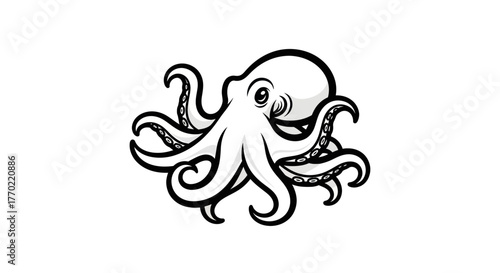 Detailed Black and White Octopus Illustration with Curled Tentacles.