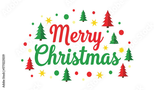 Festive merry christmas typography with snowflakes and pine trees for holiday greetings and celebrations isolated on white background