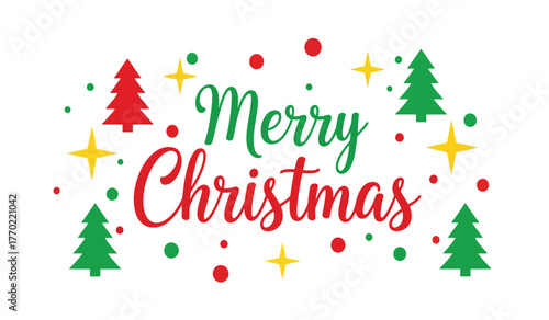 Festive merry christmas typography with abstract decorations and stylized evergreen trees for holiday greetings isolated on white background