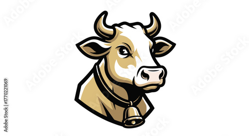 Detailed Cow Head Illustration with Bell Collar and Focused Gaze.