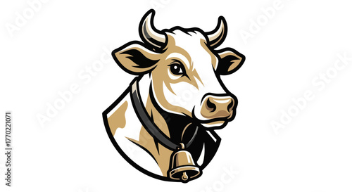 Detailed Cow Head Illustration with Bell Collar and Horns.