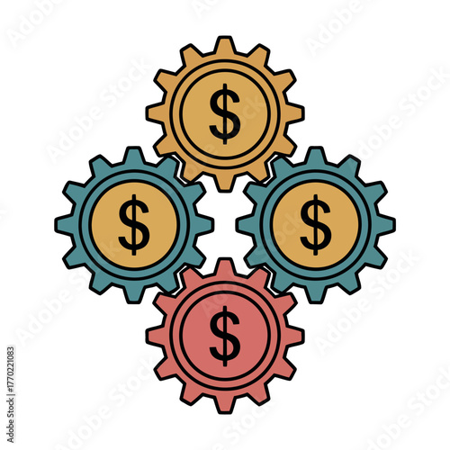 Financial gears Conceptual illustration of money-making mechanisms, representing business operations, finance, investment, and economic growth on white background