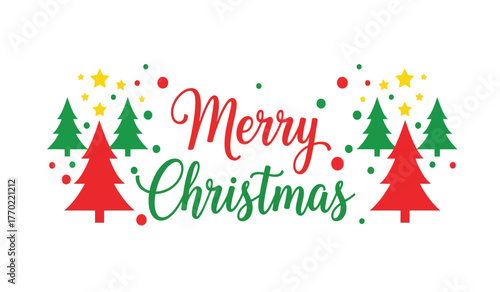 Festive merry christmas greeting with evergreen trees and colorful confetti celebrate holiday season isolated on white background