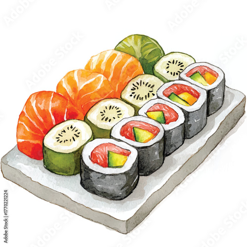 Delicious Sushi Platter with Salmon and Avocado Rolls.