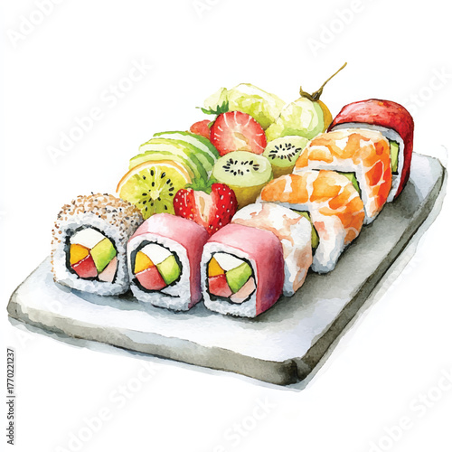 Delicious sushi platter with colorful fruits and fresh ingredients ready to eat.