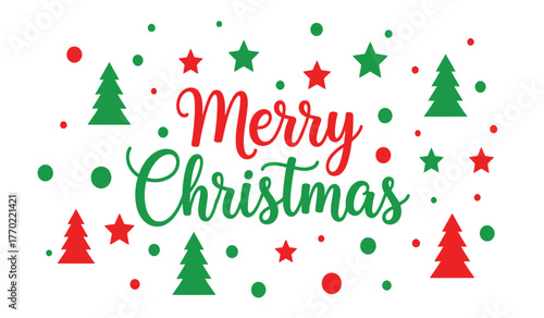 Festive merry christmas greeting with colorful trees stars and dots for holiday season celebrations and winter festivities isolated on white background