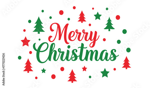 Festive merry christmas greeting with colorful christmas trees stars and snowflakes for holiday season celebrations isolated on white background