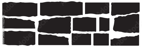 Set of black frames made of torn paper with jagged edges. Rectangles and torn silhouettes for collage, sticker, banner, label, text box. Grunge vector elements isolated on white background