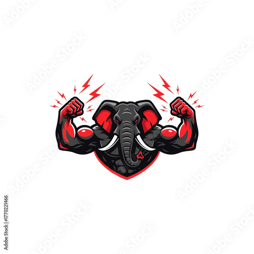 A stylized illustration of a muscular elephant flexing its arms, showcasing strength and power.