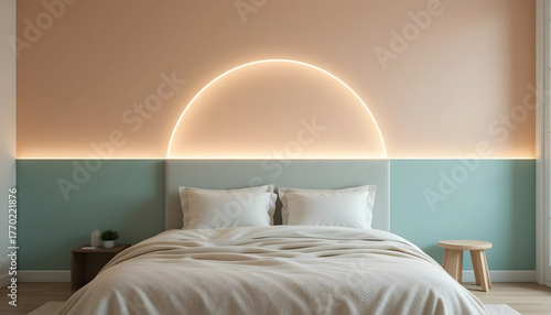 Minimalist Bedroom with Neon Sunset Wall Art and Color Blocking in Pastel Tones