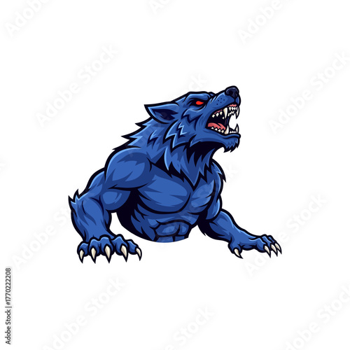 An aggressive blue muscular werewolf creature with glowing red eyes and sharp fangs roars fiercely.