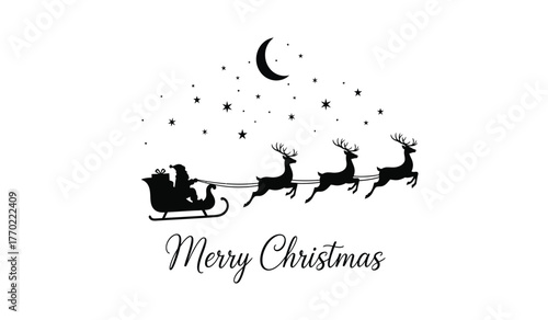 Silhouette of santa claus sleigh and reindeer flying across a starry night sky with merry christmas text isolated on white background