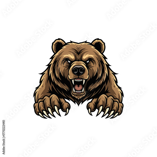 Fierce grizzly bear illustration with sharp claws and open mouth, ready to attack.