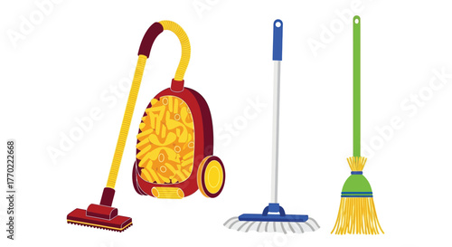 Colorful cleaning tools including a vacuum mop and broom illustrated together