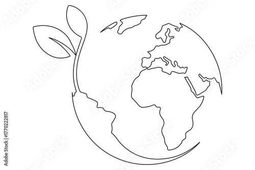 Earth and plant sprout one line minimal illustration for environment care and global sustainability
