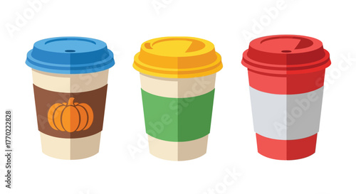 Three colorful disposable coffee cups with pumpkin and striped designs