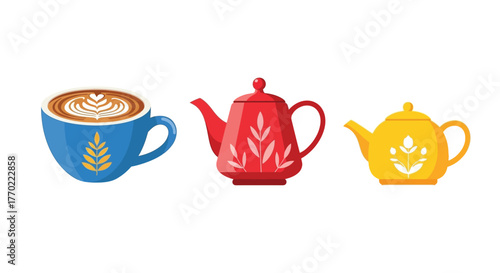 A colorful arrangement of coffee a red teapot and a yellow pitcher