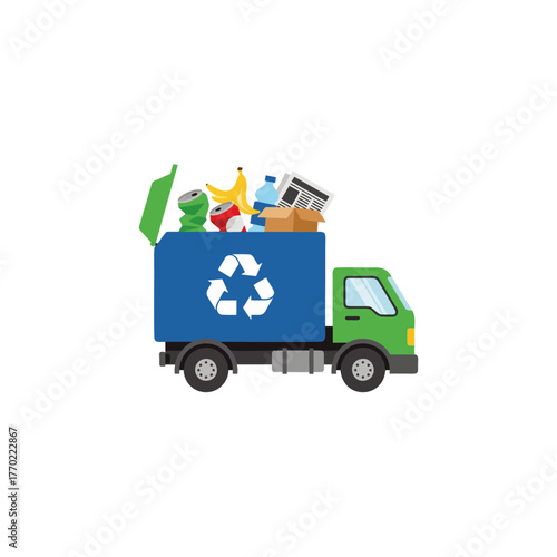 Green and blue recycling truck filled with various waste items, featuring a prominent recycling symbol, illustrating waste management and environmental care.