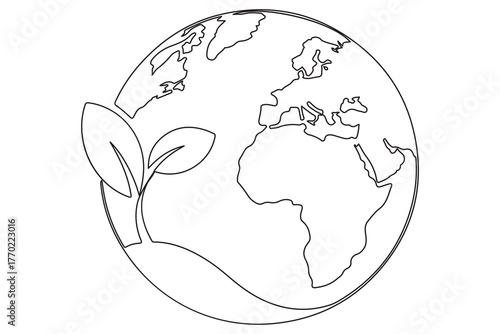 Earth and plant sprout one line minimal illustration for environment care and global sustainability
