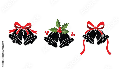 Festive christmas bells with red ribbons and holly berries symbolizing holiday cheer and joyful celebrations isolated on white background