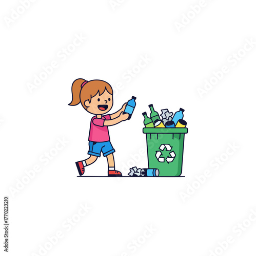 A young girl with a ponytail, wearing a pink shirt and blue shorts, is actively placing a plastic bottle into a green recycling bin filled with various recyclable materials.