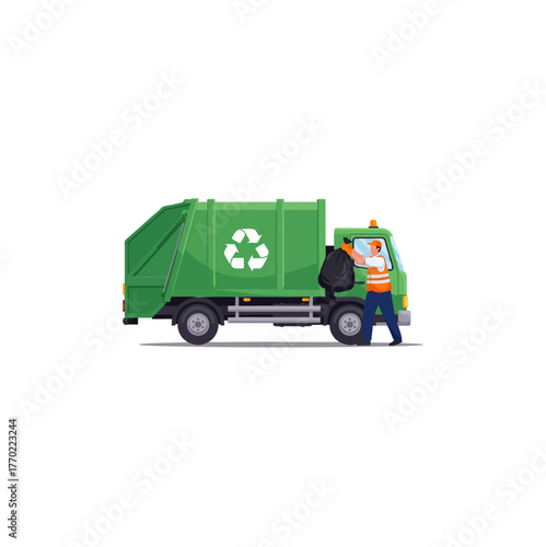 A sanitation worker in a reflective vest loads a black garbage bag into a green recycling truck with a recycling symbol.