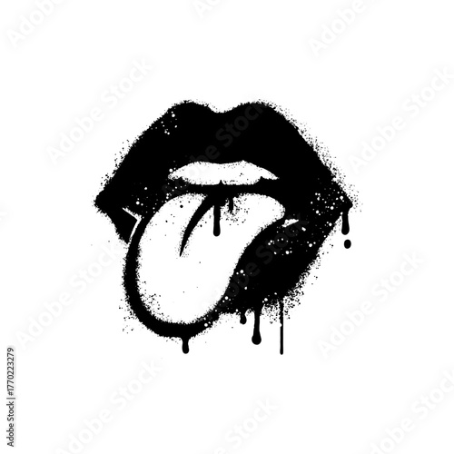 Rolling Tongue Lips Graffiti Spray Paint Drips Vector Art Grunge Texture