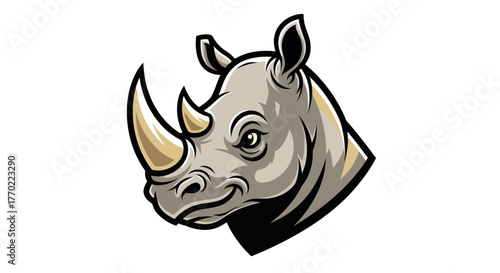 Detailed Rhino Head Illustration with Prominent Horns and Expressive Features.