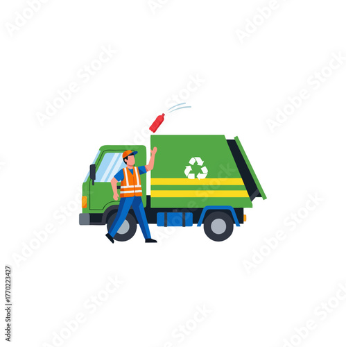 A sanitation worker in uniform and safety vest tosses a red can into a green recycling garbage truck.