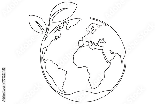 Earth and plant sprout one line minimal illustration for environment care and global sustainability
