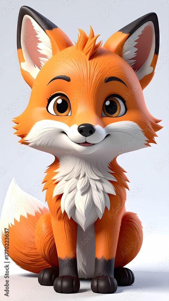 Obraz premium Adorable Orange Fox Cartoon Character Sitting Against White Background
