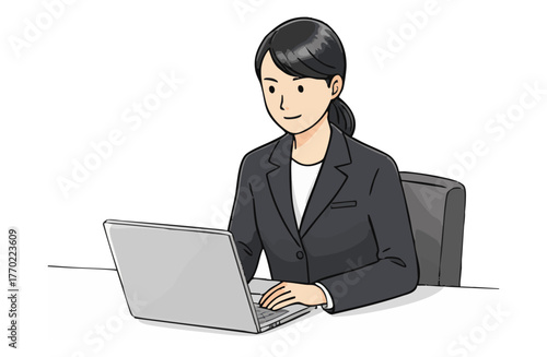 パソコン操作するビジネスウーマン（上半身・シンプルカラー）