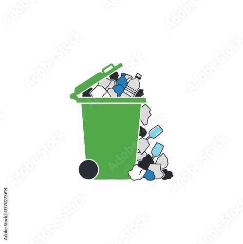 Illustration of a green recycling bin overflowing with plastic bottles and other recyclable waste, some spilling onto the ground.